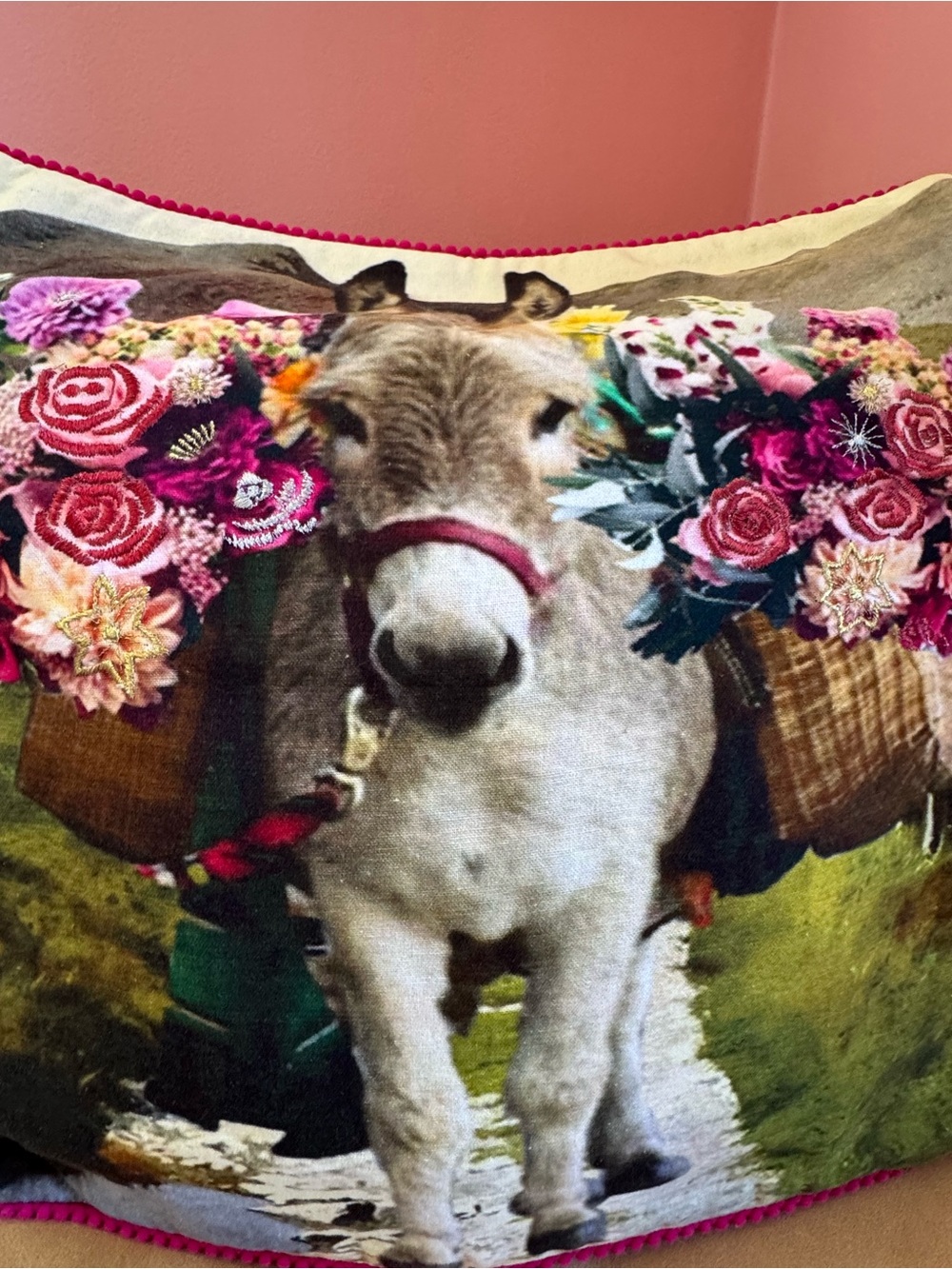 Olive & Cocoa Flower Boy Pillow with Donkey and Flowers - Picture 2 of 5